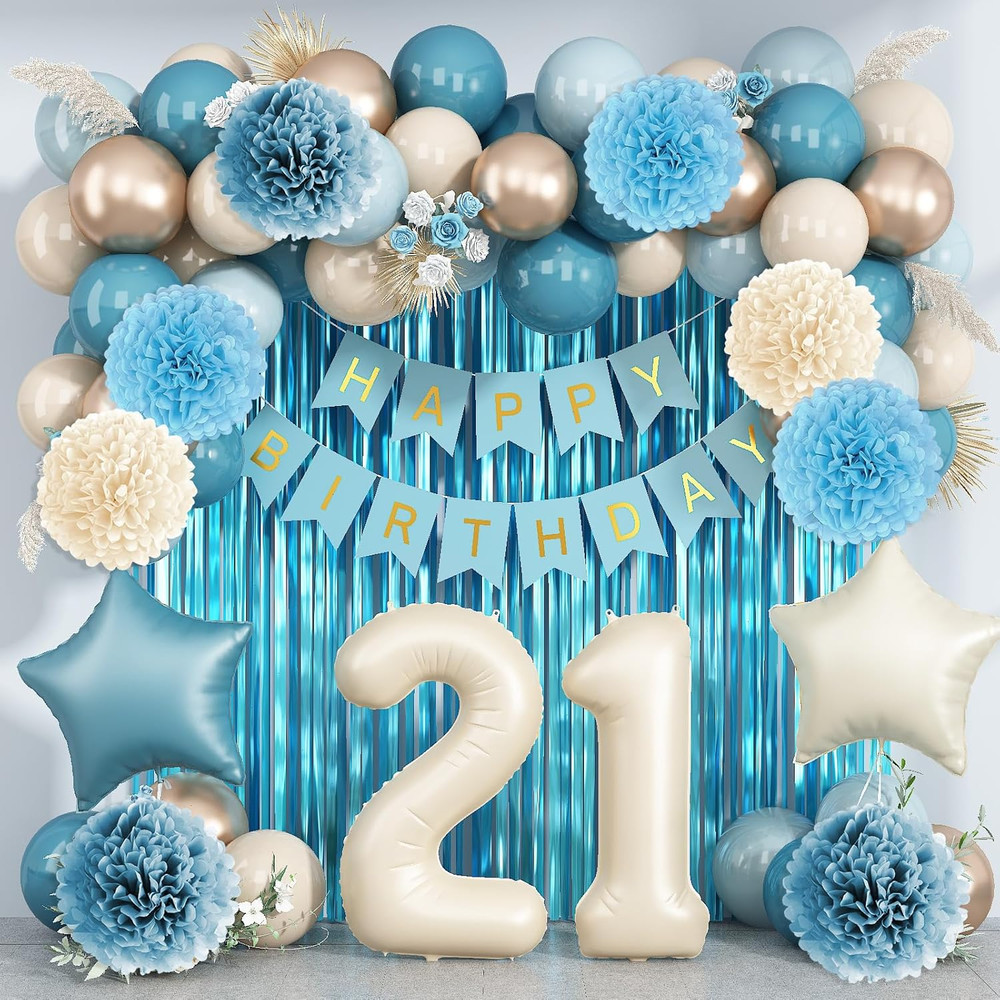 Dusty Blue 21St Birthday Decorations for Him Her Beige Cream Number 21 Balloon B