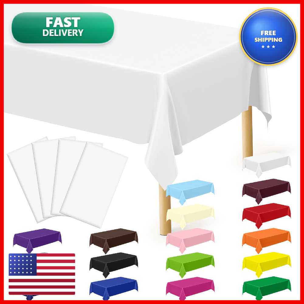 Qzyl 4 Packs White Plastic Sturdy Disposable Table Cloth 54 X 108 Inches Paper