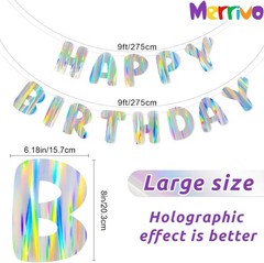 Iridescent Happy Birthday Banner, Pre-Strung Holographic Birthday Decorations…