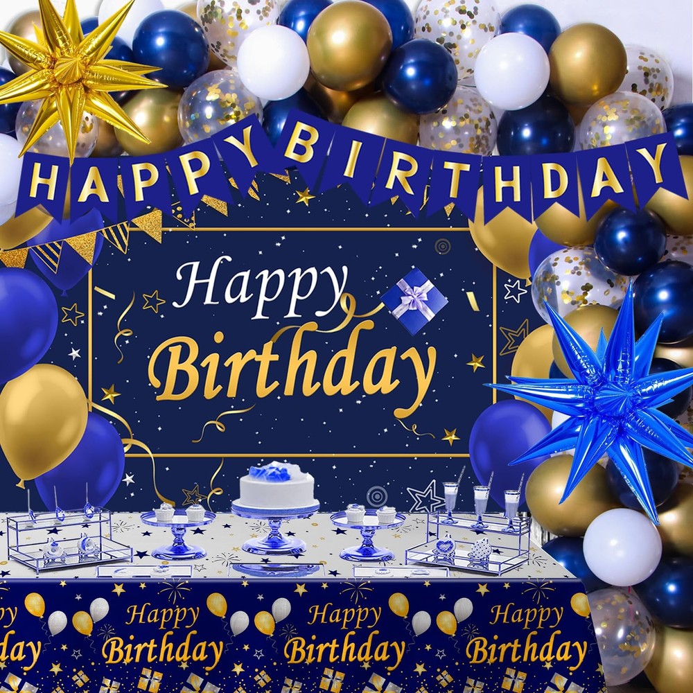 Gold and Blue Birthday Decorations for Men Boys Women Girls, 80pcs Blue and G…