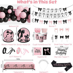 Pink Black Bow Birthday Party Decorations, 237Pcs Coquette Birthday Decorations
