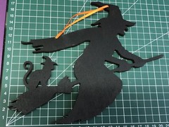 Large halloween Hanging Black Witch & Cat. Laser Cut Painted Plywood & Ribbon.