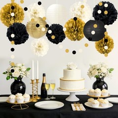 14PCS Black and Gold Party Decorations, Tissue Paper Pom Poms, Paper Lanterns…