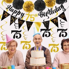 TOBATOBA 75th Birthday Decorations Kit for Men Women, Black Gold