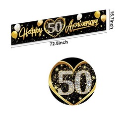 Happy 50th Wedding Anniversary Banner Decorations, Black Gold 50th Anniversar…