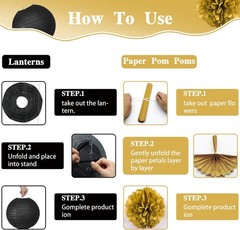 14PCS Black and Gold Party Decorations, Tissue Paper Pom Poms, Paper Lanterns…