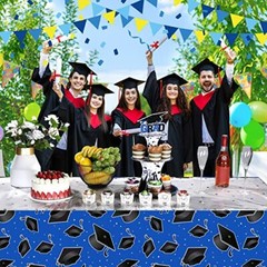 3 Pcs 2024 Graduation Party Tablecloth, Graduation Cap Rectangle Blue and White