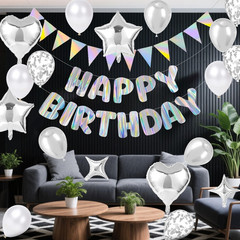 Silver Happy Birthday Decorations Kit, Iridescent Happy Birthday Banner and Penn