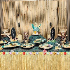 (4) Luau Party 9ft x 29in Grass Table Skirts Gold Silk Flowers Tiki Bar Tropical