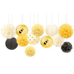 Bee Party Decorations, 12PCS Yellow Hanging Paper Lanterns Tissue Pom Poms De…