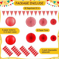 18 Pcs Red Gingham Picnic Party Decorations Tablecloth Banner Fans Lanterns