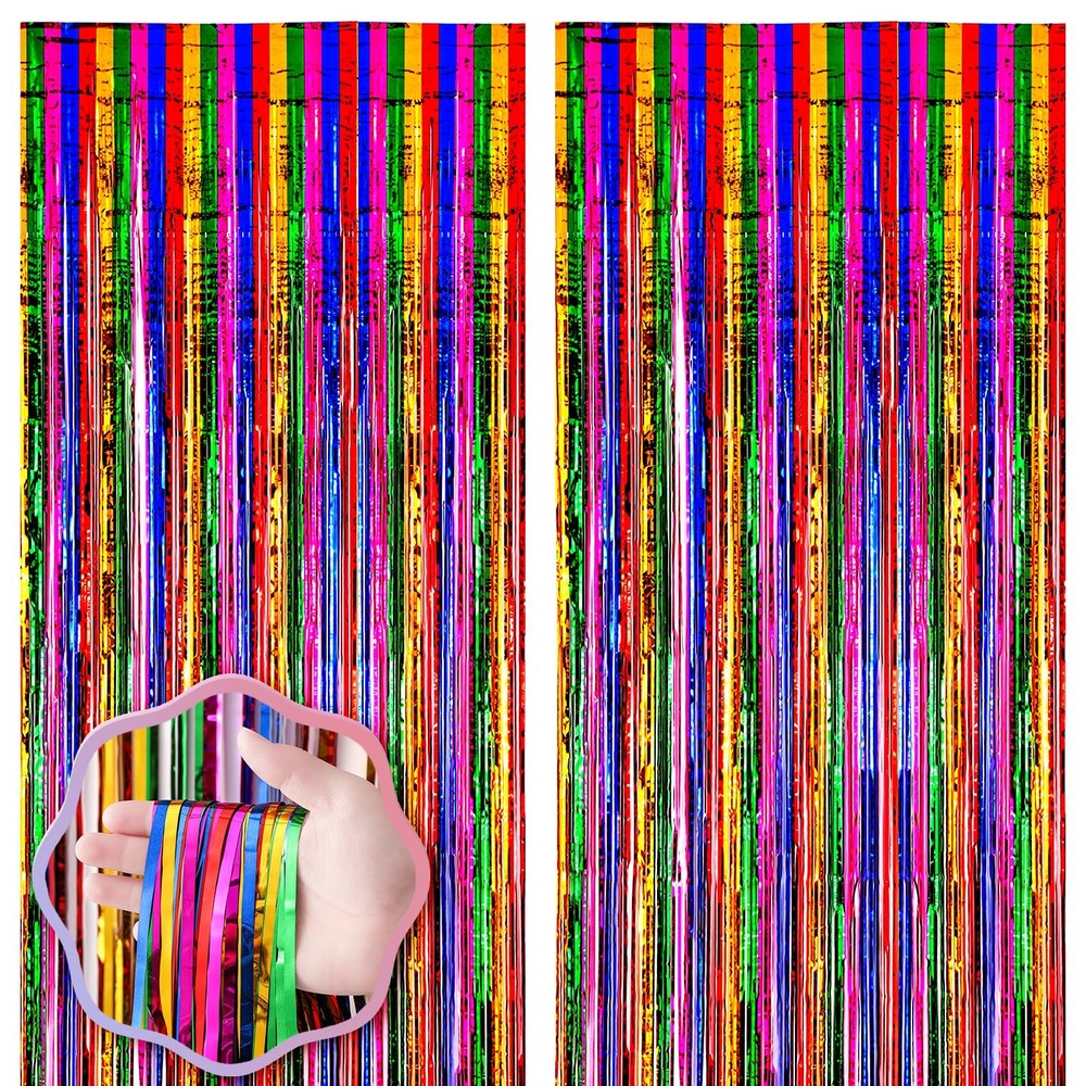 2 PCS Rainbow Foil Fringe Backdrop Curtains 3.3×8.2 Ft Tinsel Party Streamers