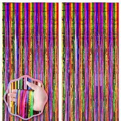 2 PCS Rainbow Foil Fringe Backdrop Curtains 3.3×8.2 Ft Tinsel Party Streamers