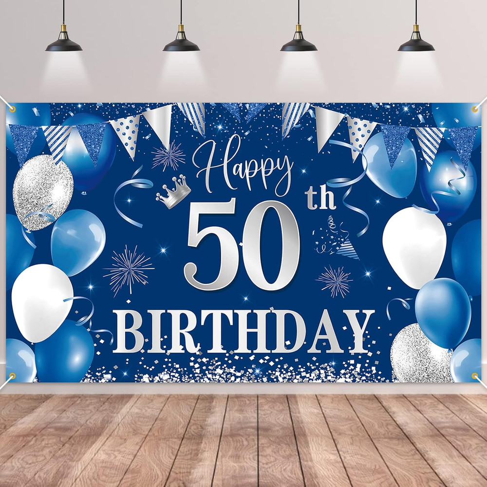 50Th Birthday Banner Backdrop, Happy 50Th Birthday Decorations,Blue Silver Fabri