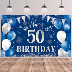50Th Birthday Banner Backdrop, Happy 50Th Birthday Decorations,Blue Silver Fabri