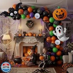 Halloween Decorations with Orange Black Green Purple Balloon Garland Arch and