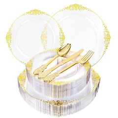 125PCS Clear Plastic Plates – Fancy Clear Gold Disposable Plates Include 25 D…