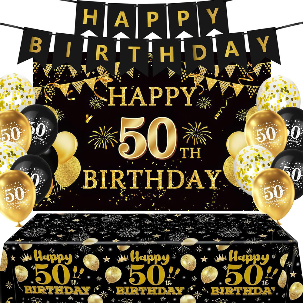 15 PCS Black Gold 50Th Birthday Party Decorations 50Th Happy Birthday Banner Bac