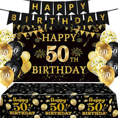 15 PCS Black Gold 50Th Birthday Party Decorations 50Th Happy Birthday Banner Bac
