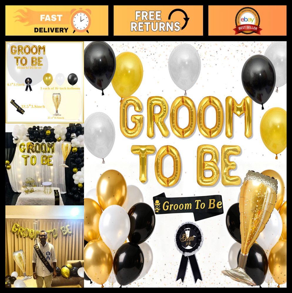 Gold Bachelor Party Decorations | Groom To Be Banner, Satin Sash & Fringe Curtai