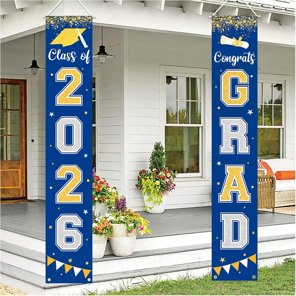 Graduation Decorations 2026 GRAD Banner Blue Porch Door Sign Welcome Banner for