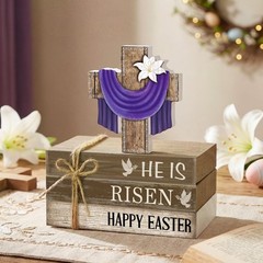 Easter He Is Risen Wooden Sign Table Centerpiece Cross Faux Book 4 PCS