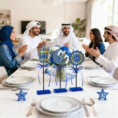 3 PCS Ramadan Table Decorations Wooden Eid Mubarak Signs Rustic Blue.Classic