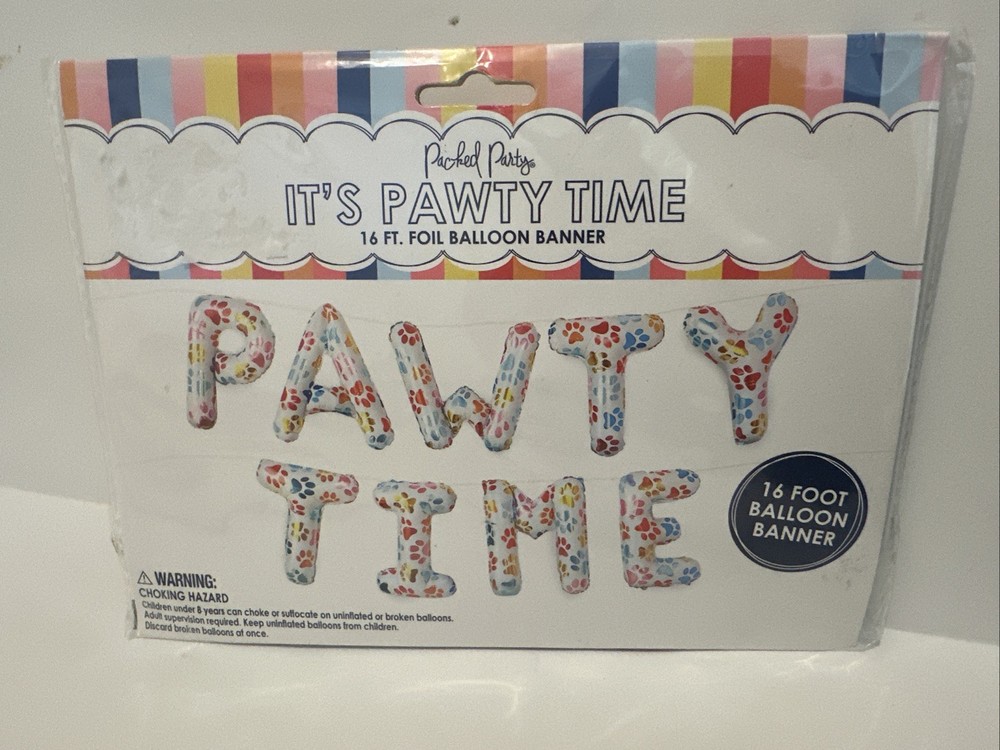 Packed Party Make A Statement «Pawty Time» Foil Balloon Banner 16 Ft NEW.