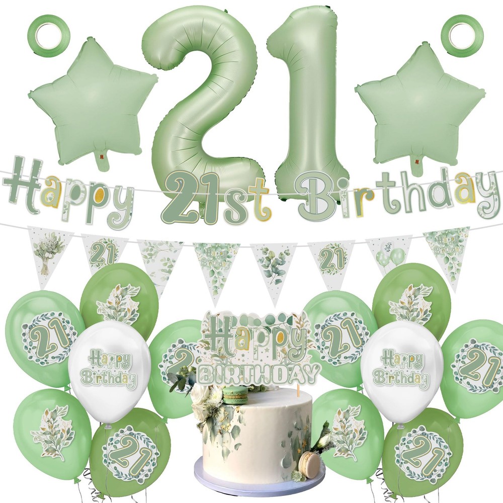 Eucalyptus 21st Party Decorations Happy Banner, Cake Topper, Olive Green Foil…