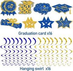 Festive 16 PCS Blue and Gold Graduation Ceiling Hanging Swirls for Grad Parties