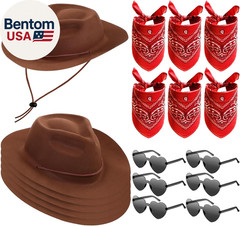 18 Pcs Western Cowboy Plastic Hat Set Include 6 Hats 6 Paisley Bandanas 6 Pairs