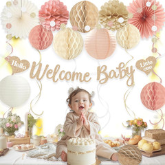 Boho Baby Shower Decorations Girl Pre-Strung Welcome Baby Banner Honeycomb Balls