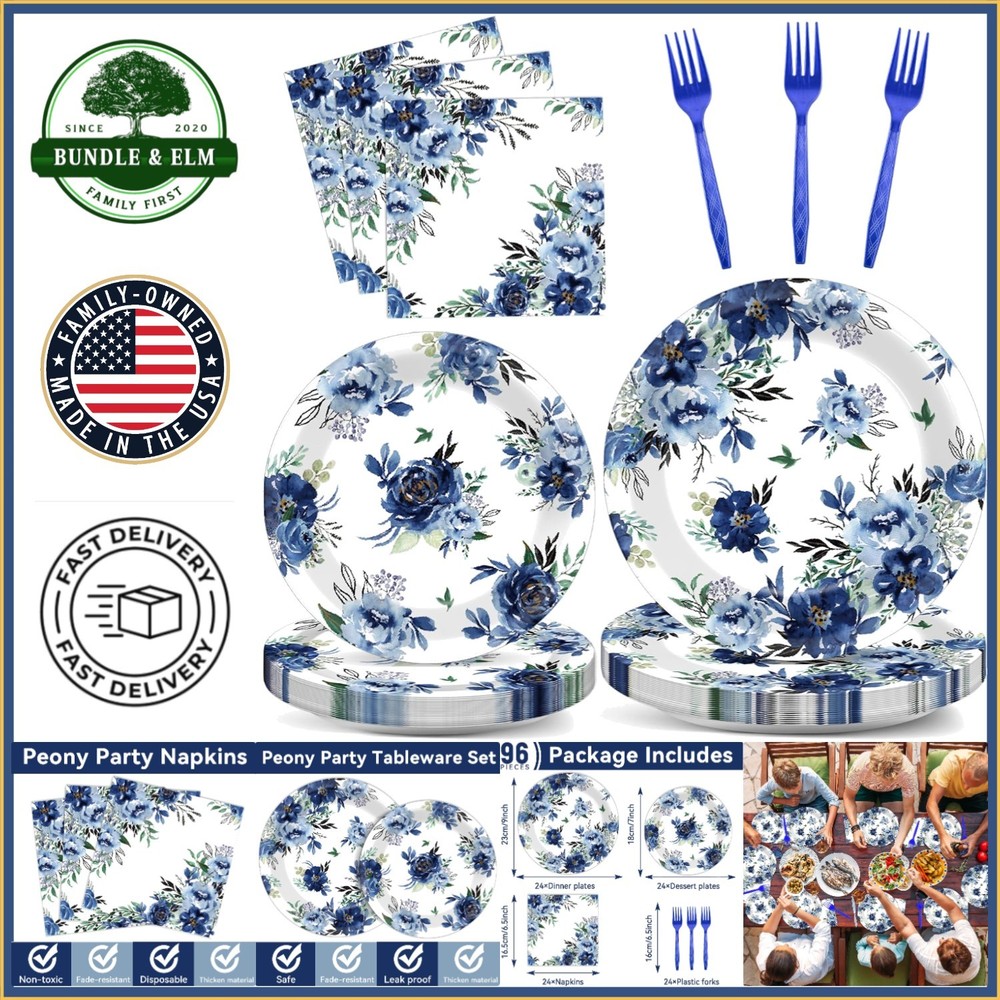 96-Piece Peony Party Tableware Set with Plates, Napkins and Forks for 24 Guests