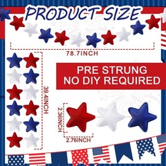 13 FT 48 Pcs Patriotic Felt Star Garland Banner Red White Blue Americana Garl…