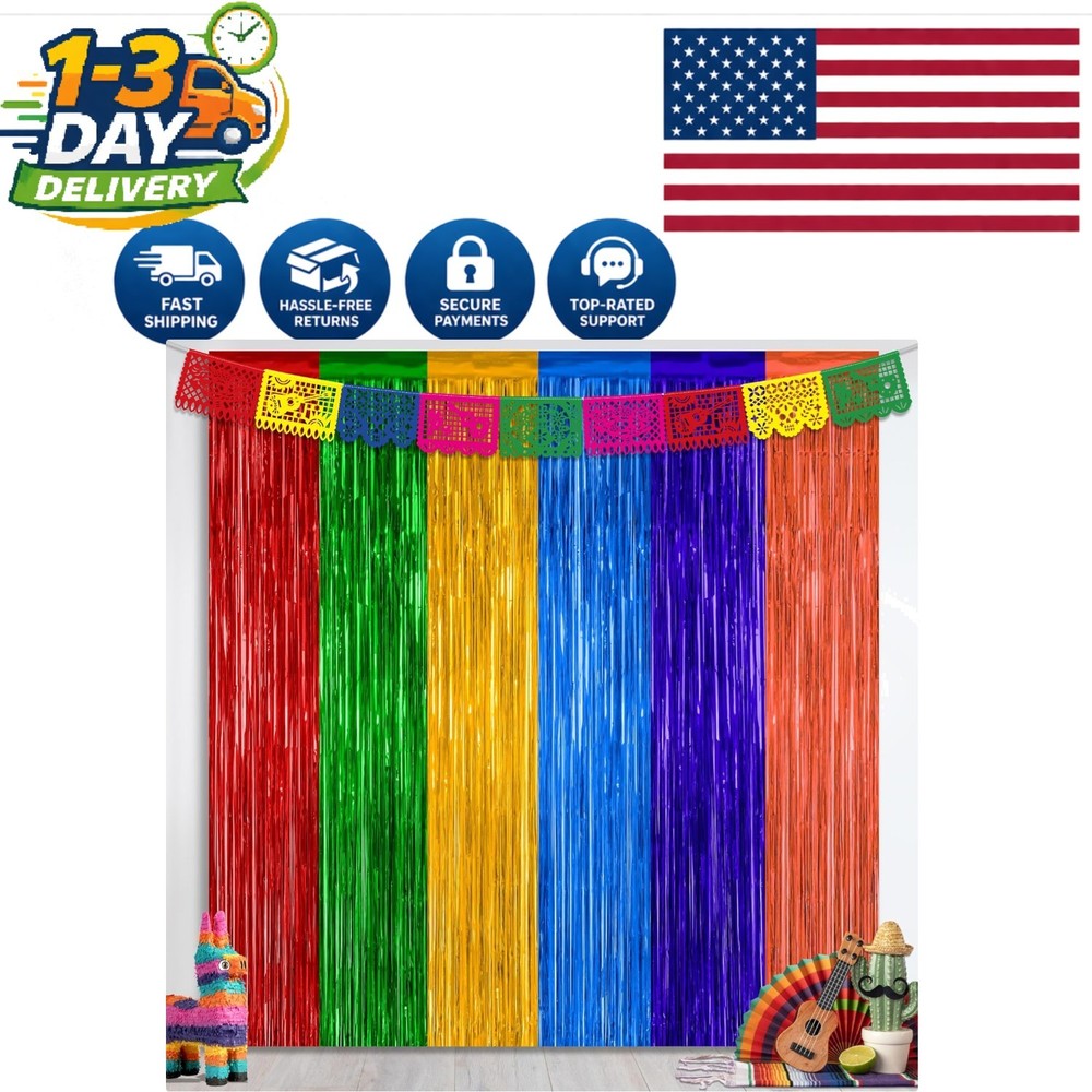 Colorful Metallic 2 Pack Tinsel Backdrop Curtains for Mexican Fiesta Decorations