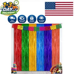 Colorful Metallic 2 Pack Tinsel Backdrop Curtains for Mexican Fiesta Decorations