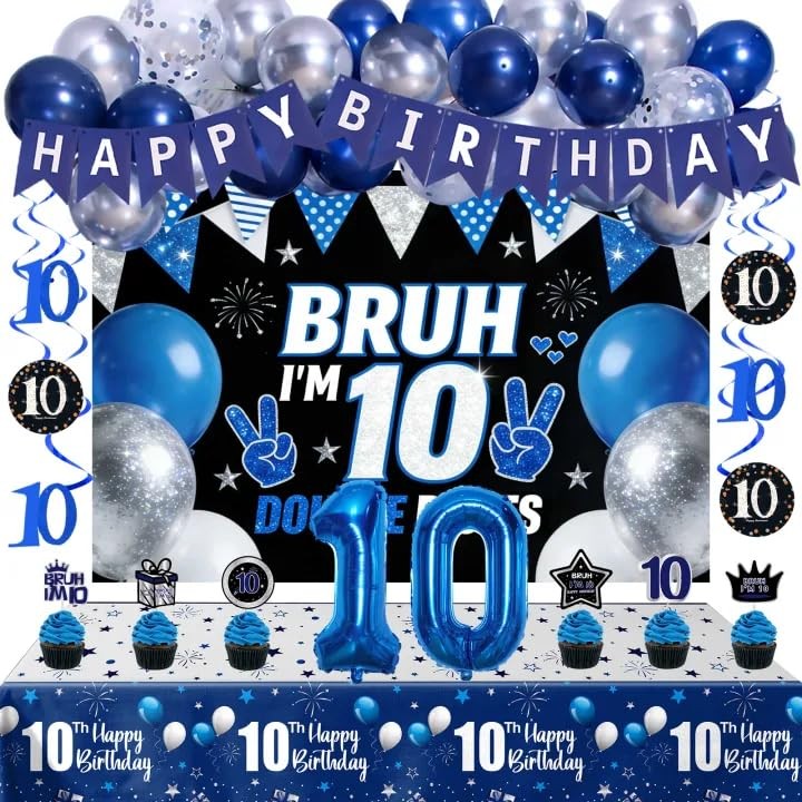 10th Decorations for Boys Girls, Blue Silver Double Digits Bruh I’m 10 Party …