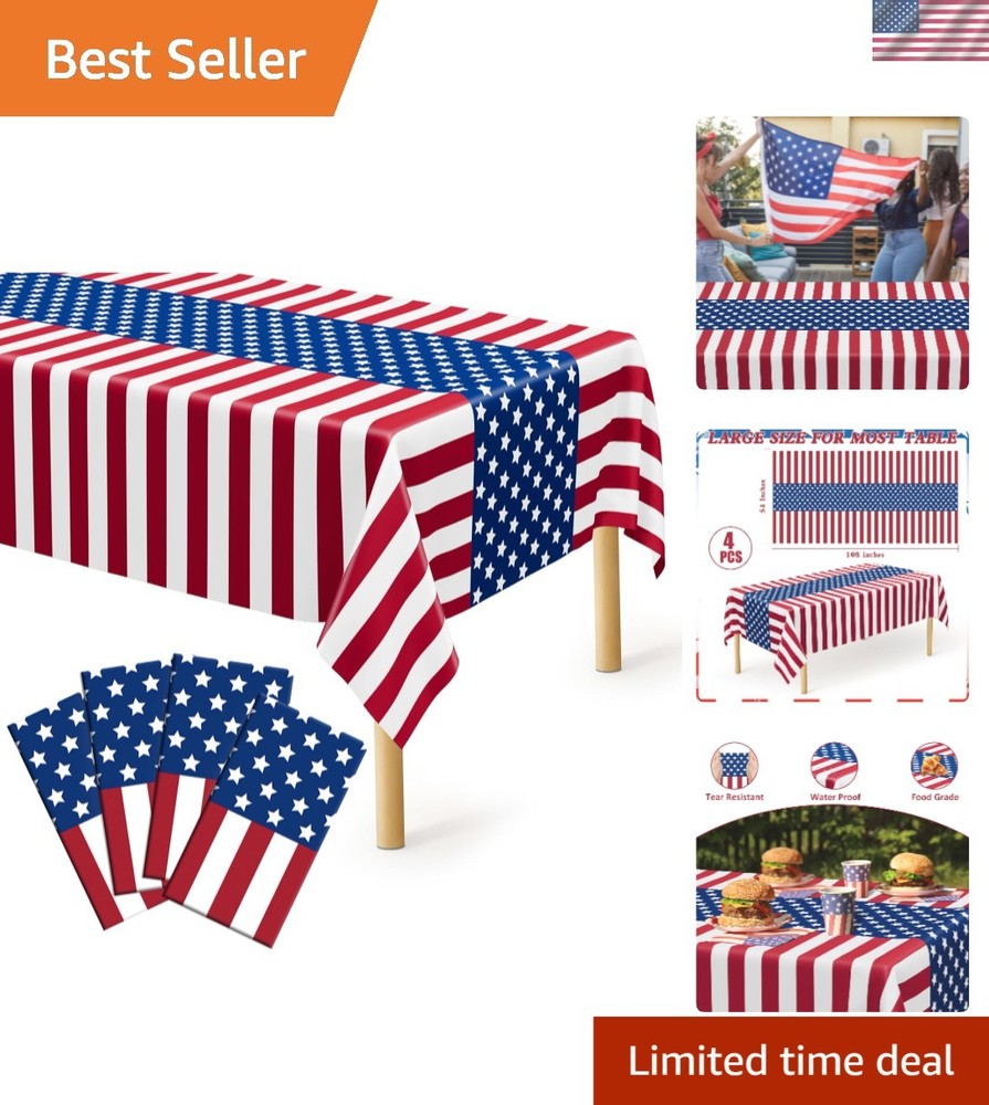 Kids’ Patriotic Table Covers 4 Pack, 108″ x 54″ Red White Blue for Parties