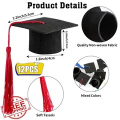 FOIMAS 12pc Mini Graduation Cap Wine Toppers, Felt Tassel Party Decor
