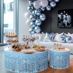 2 Pack Light Blue Table Skirts, 29×108″ Metallic Foil Tinsel Fringe Table Ski…