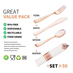 50 Pack Pre Rolled Rose Gold Plastic Silverware Set with Napkins,Disposable W…