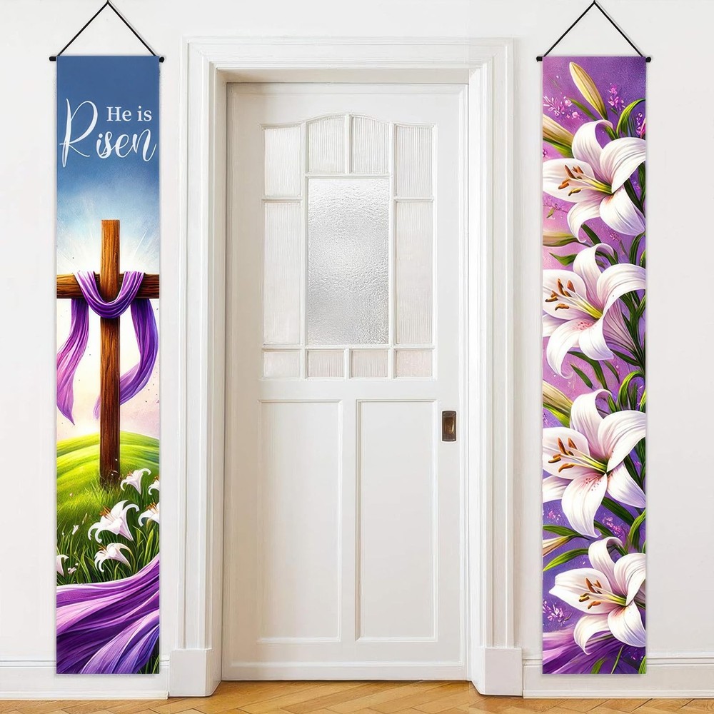 2pcs Easter Door Banner Set 12×71 Inches Spring Hanging Front Porch Welcome S…
