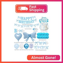 Blue Bow Birthday Decorations, Happy Birthday Banner Garland and Hanging Swirls,