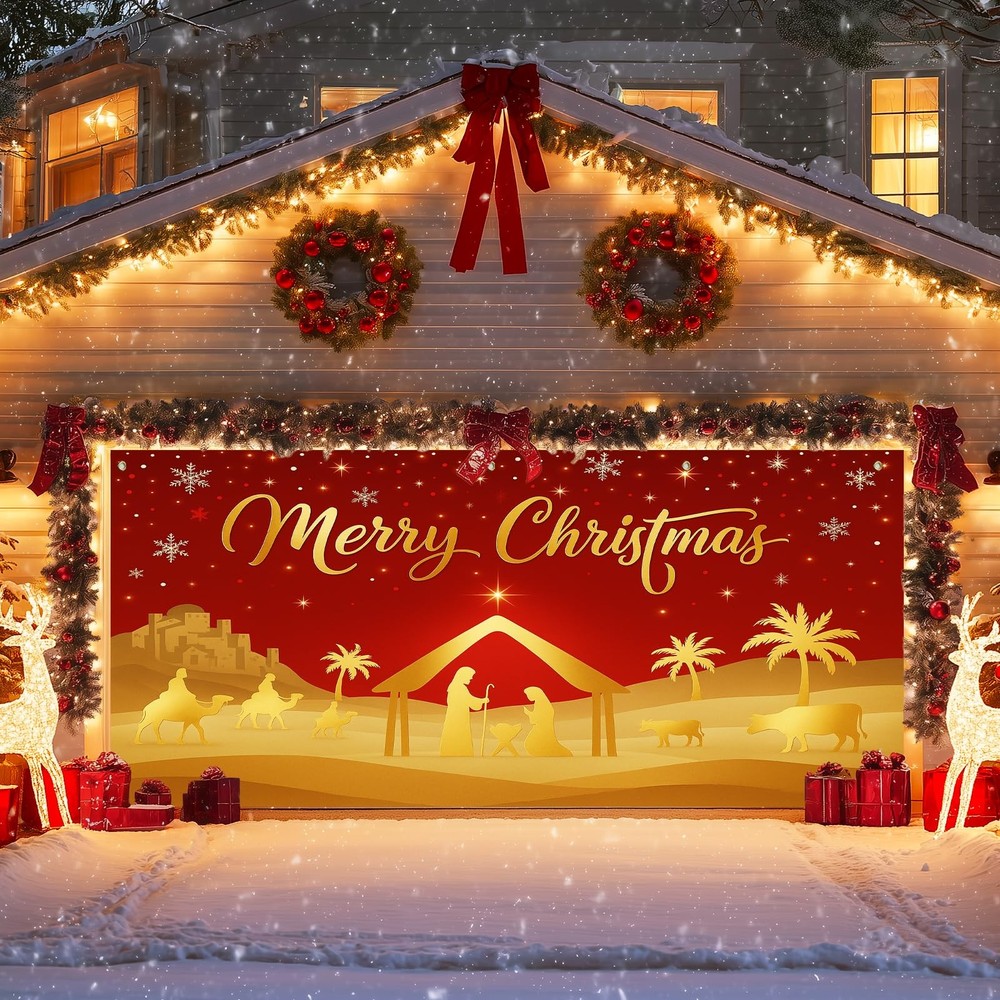 Merry Christmas Nativity Scene Garage Door Banner 13×6 ft Christmas Garage Do…