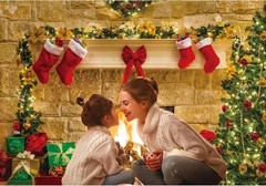 Fondo Navideño 3×2,4 m Chimenea y Árbol, Tela Suave sin Arrugas para Fotos