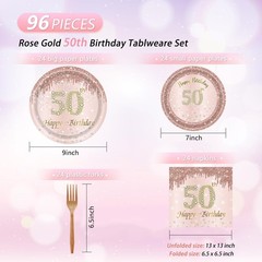 96Pcs 50th birthday decorations Rose Gold Birthday Party Plates 50 Years Birt…