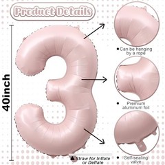 Number 3 Balloon, 40 Inch Giant Pastel Light Number 40 Inch Number 3 Pink