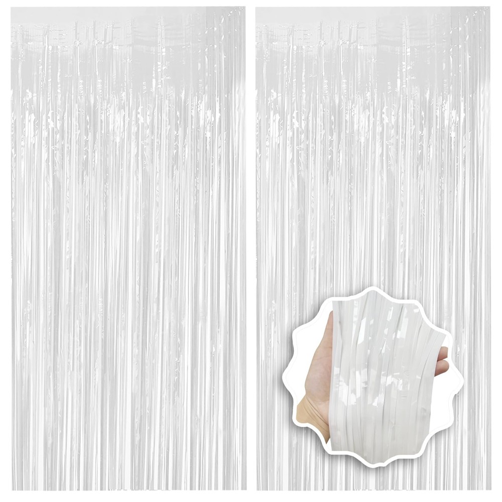 2 PCS White Foil Fringe Backdrop Curtains 3.3×8.2 FT Tinsel Streamers Decor