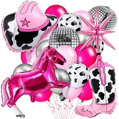 23 Pcs Cowgirl Theme Party Balloons Set Cow Print Cowgirl Hat Boot Pink Silve…