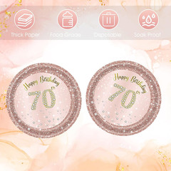 50 PCS 7 Inch 70th Birthday Paper Plates Rose Gold 70 Years Party Tableware